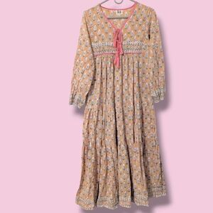 Sur La Vague Orange Pink Printed Cotton Long Sleeve Tiered Caftan Maxi Dress